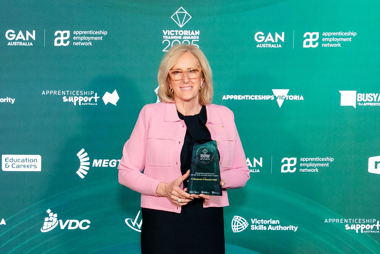 Former Board Chair Marg O'Rourke received the Outstanding Achievement in the TAFE and Skills Sector Award at 2025 Victorian Training Awards