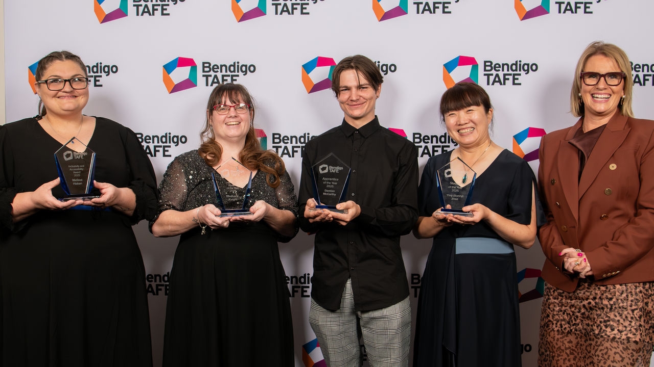 Bendigo TAFE Industry Excellence Awards Institute-wide award winners with CEO Sally Curtain